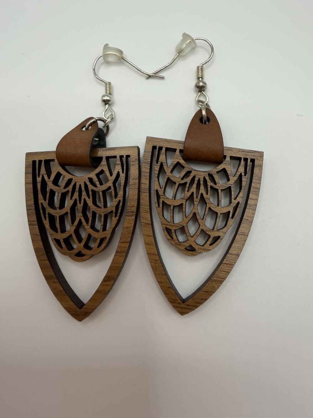 Boho Brown Wood Filigree Dangle Hook Earrings With Leather2.5โL